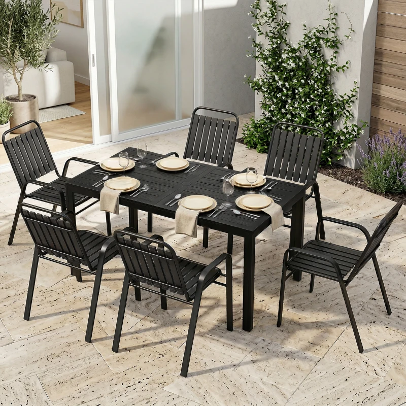 Outsunny 7 Pieces Outdoor Dining Set with Umbrella Hole, Garden Table and Chairs Set for 6 with Metal Table and Stackable Chairs