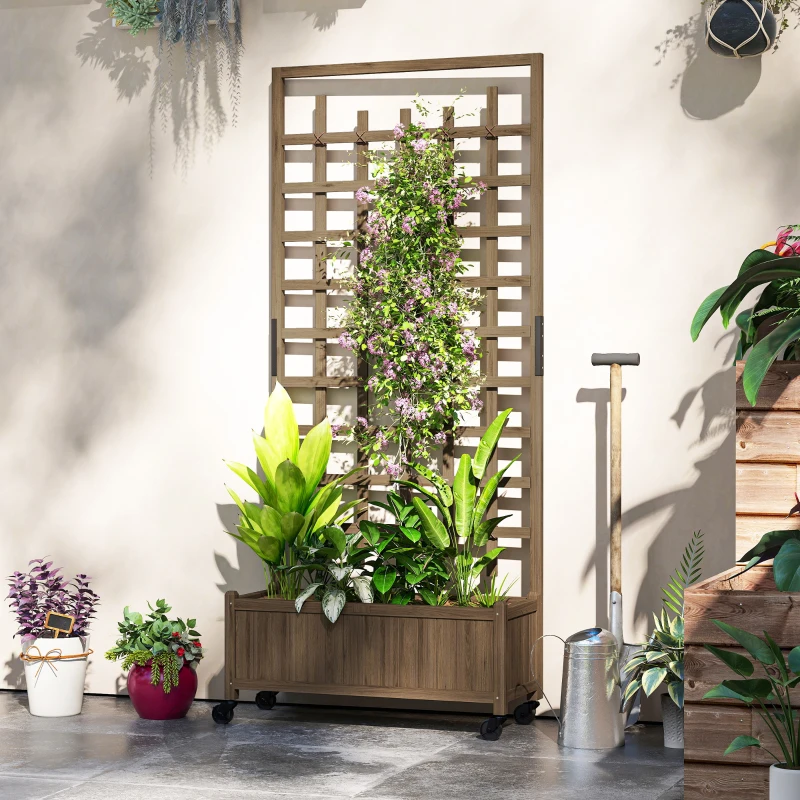 Outsunny Wooden Trellis Planter, Raised Garden Bed with Wheels, to Climb and Grow Vegetables, Herbs and Flowers, Brown