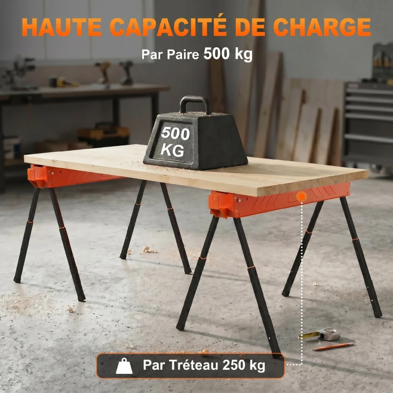 HOMCOM Lot de 2 Tréteaux Pliables en Métal, Charge Max. 500 kg, Tréteaux Portables, Hauteur Réglable 71-85,5cm, Orange