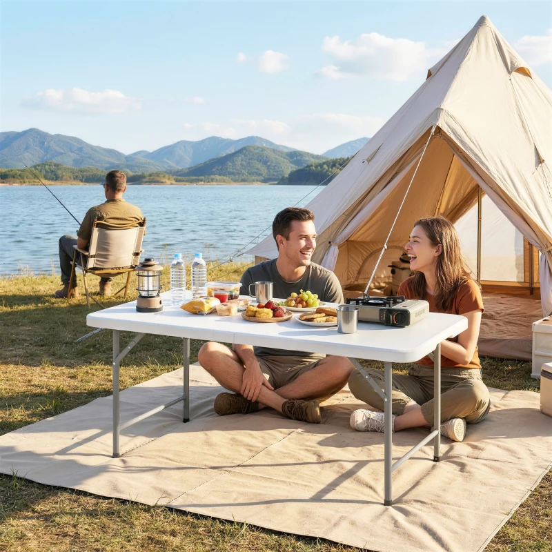 Outsunny Tavolo da Campeggio Pieghevole a 2 Altezze con Maniglia, in HDPE, 120x60x74 cm, Bianco