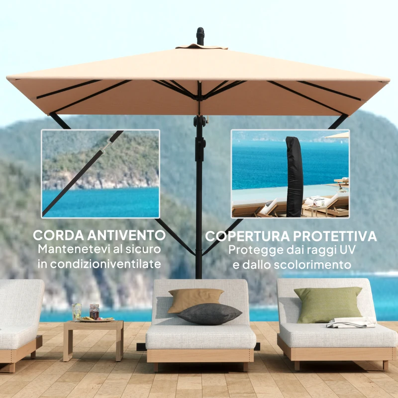 Outsunny Ombrellone Decentrato 2.5x2.5 m con Base a Croce e Manovella, in Metallo e Poliestere, Cachi