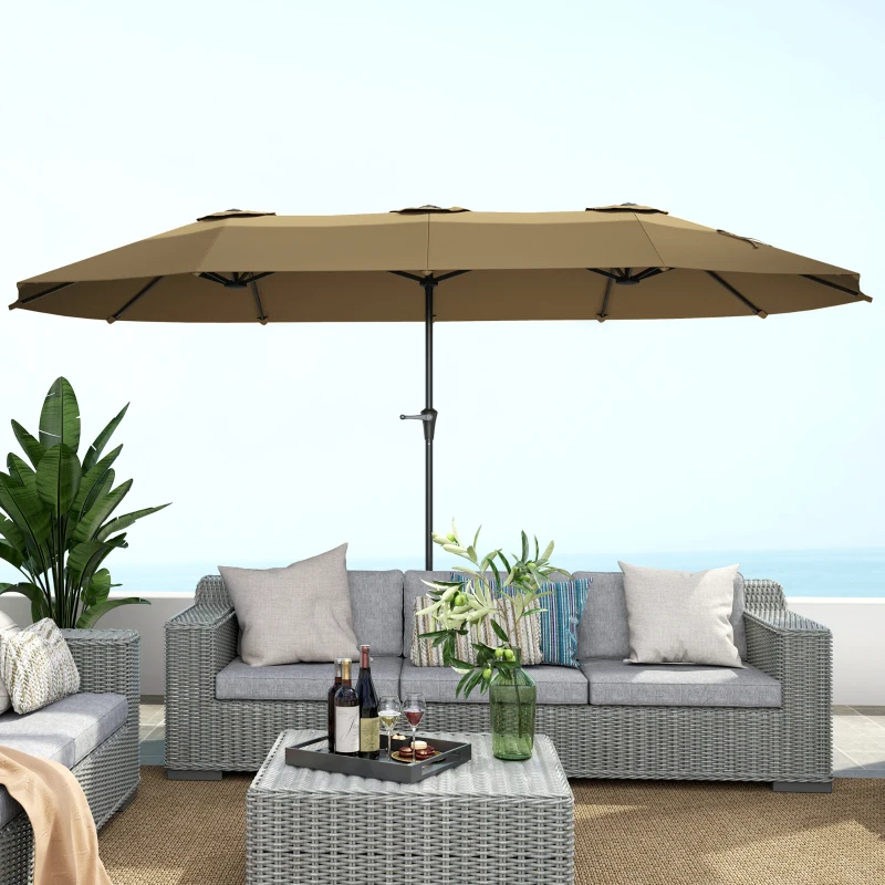 Outsunny Sombrilla Doble 4x2,2 m Sombrilla Terraza Exterior con Manivela Manual Impermeable y Protección UV30+ Café