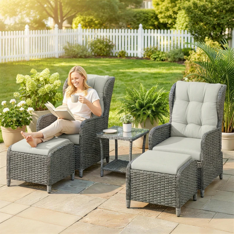 Outsunny 5 Piece Garden Furniture Set, Rattan Reclining Garden Chair Set of 2 with Footstool and Cushion for Balcony, Cream