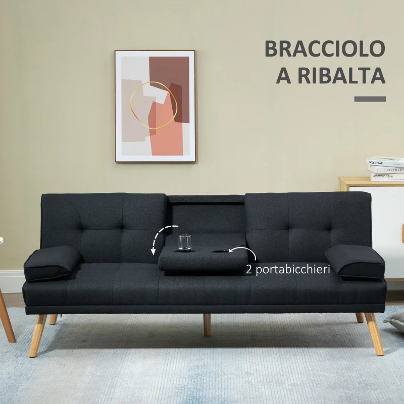 HOMCOM Divano Letto 3 Posti Reclinabile con Rivestimento Effetto Lino e Tavolino a Ribalta, Grigio