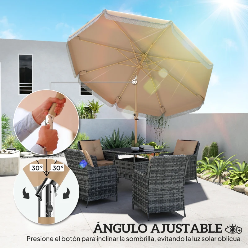 Outsunny Sombrilla de Jardín Ø266x238 cm con Ángulo Ajustable Manivela y Toldo con Flecos Decorativos para Patio Terraza Caqui