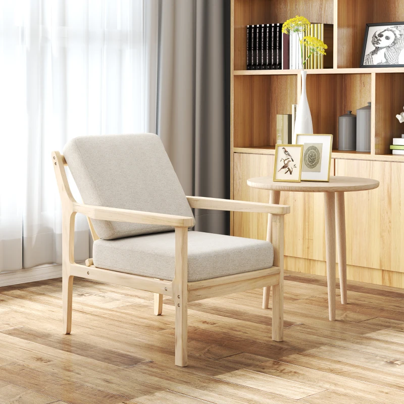 HOMCOM Fauteuil design minimaliste structure bois, 2 coussins amovibles recouvert de tissu effet lin, accoudoirs, beige