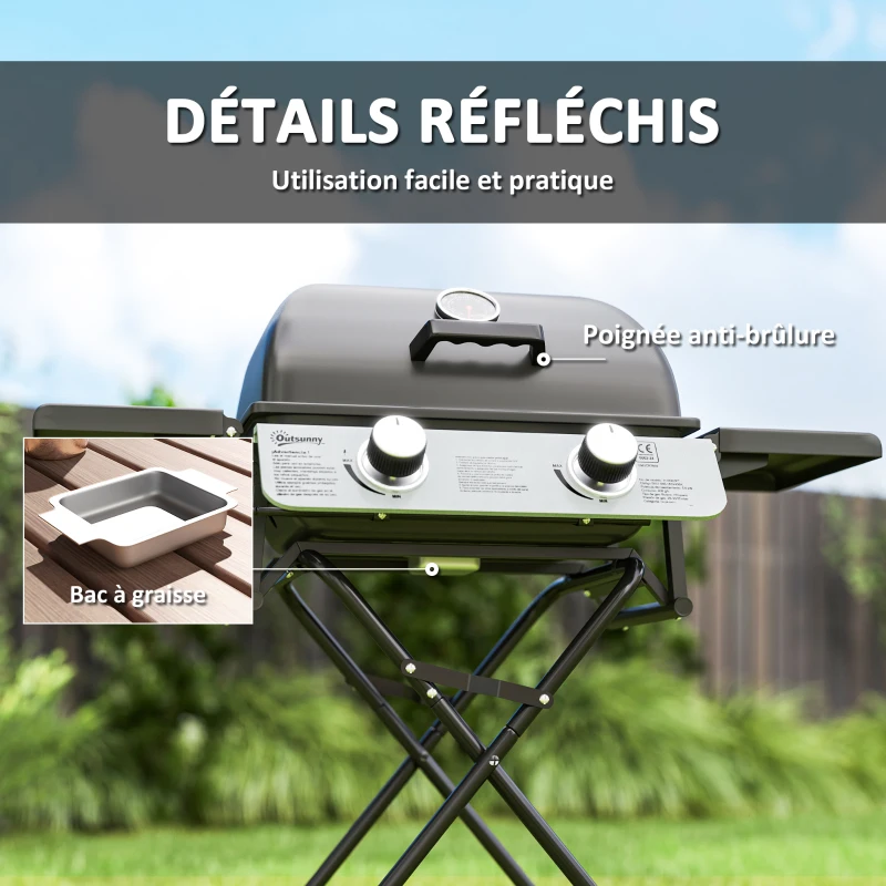 Outsunny Barbecue gaz transportable, 2 brûleurs 5,6 kW, barbecue gaz de camping avec étagères latérales thermomètre et roues, noir
