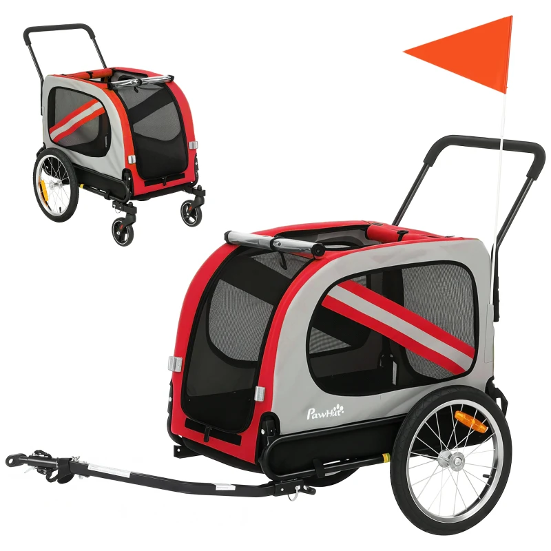 PawHut 2-In-1 Dog Bike Trailer Pet Stroller with Universal Wheel Reflector Flag Red
