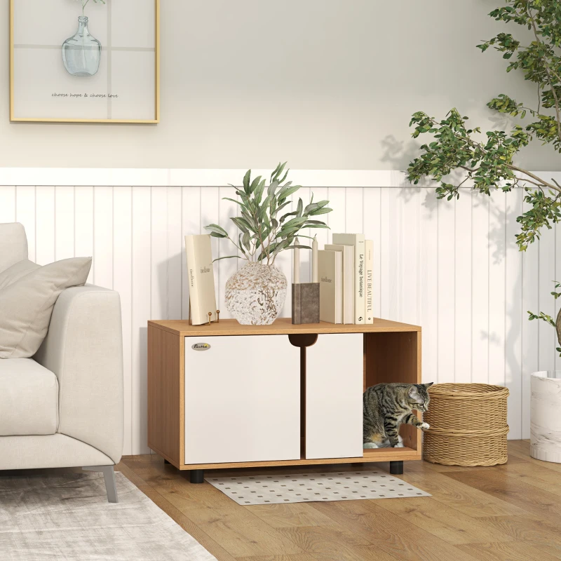 PawHut Meuble à litière maison de toilette sur pieds pour chat 2 en 1 portes style scandinave 80 x 48 x 48 cm naturel et blanc