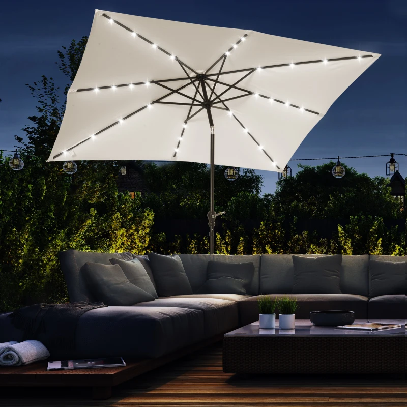 Outsunny Parasol de Terraza Exterior 2,7x2x2,5 m con Techo Inclinable hasta 45° Luces LED Solares y Manivela Blanco Crema