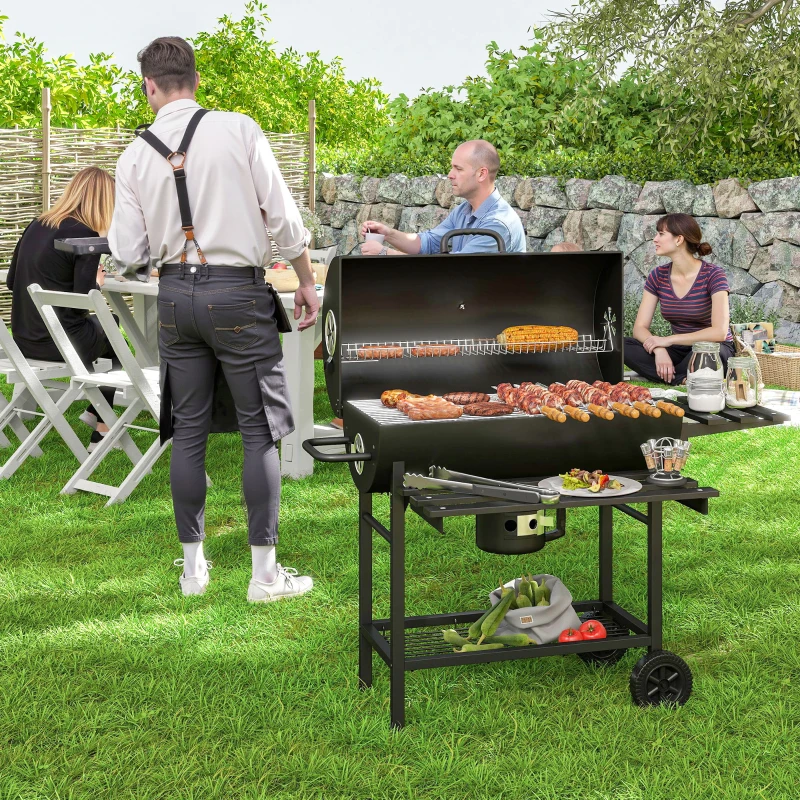 Outsunny Charcoal BBQ Grill with Foldable Front Side Shelf, Portable Barbecue Smoker with Warming Rack, Bottom Shelf, Lid, Temperature Gauge, Wheels for Outdoor Cooking Garden Party, Black