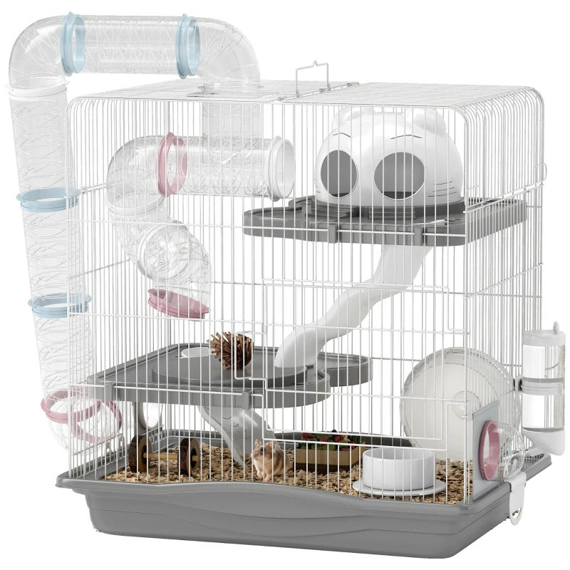 PawHut Cage hamster, cage rongeur à 3 niveaux, roue d'exercice, tunnel, gamelle, niche et rampe d'accès, 45 x 30 x 45 cm, gris