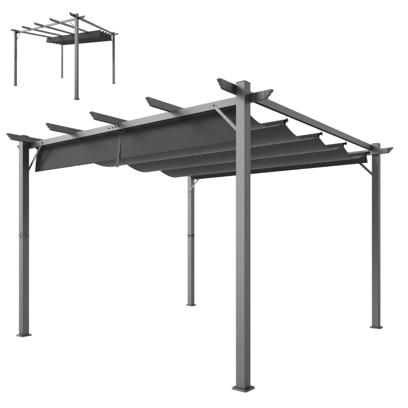 Outsunny Pérgola de Jardín 3x3 m con Techo Retráctil Protección UPF30+ Drenaje Marco de Aluminio para Patio Exterior Gris Oscuro