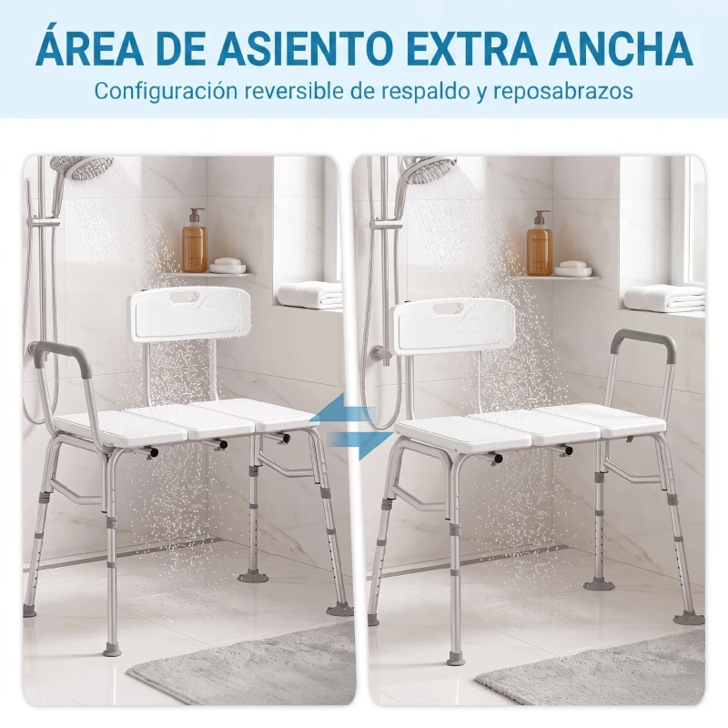 HOMCOM Banco Ducha de Transferencia con Reposabrazos y Respaldo Taburete de Baño Altura Ajustable 10 Niveles Carga 136 kg