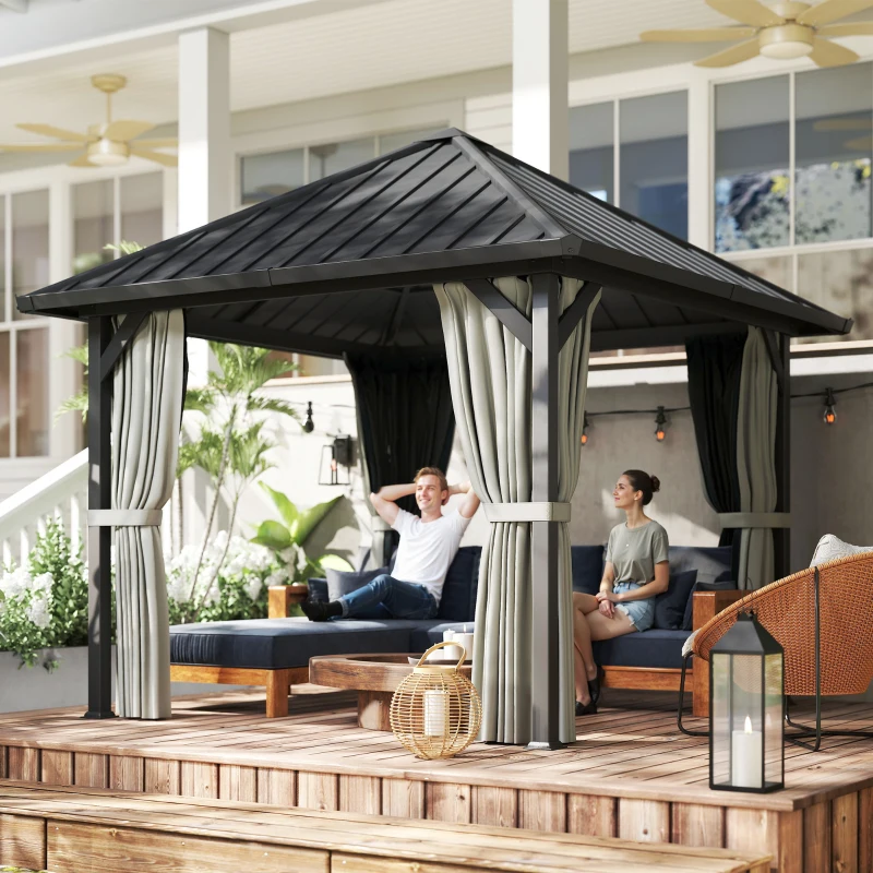Outsunny 3 x 3(m) Hardtop Gazebo with Galvanised Steel Roof and Water Gutter, Waterproof Permanent Pavilion Garden Gazebo with Netting and Curtains for Patio, Deck, Black