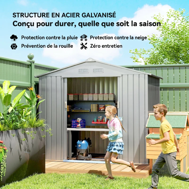 Outsunny Abri de Jardin 2,5 m² - Remise pour Outils avec Kit de Fondation - Cabanon Porte Verrouillable - Tôle d'Acier Gris