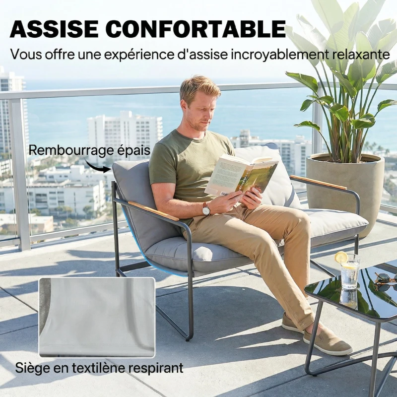 Outsunny Salon de Jardin 4 Pièces Ensemble avec Canapé 2 Places, 2 Fauteuils et Table Basse Verre Trempé Coussins 13cm Gris Clair