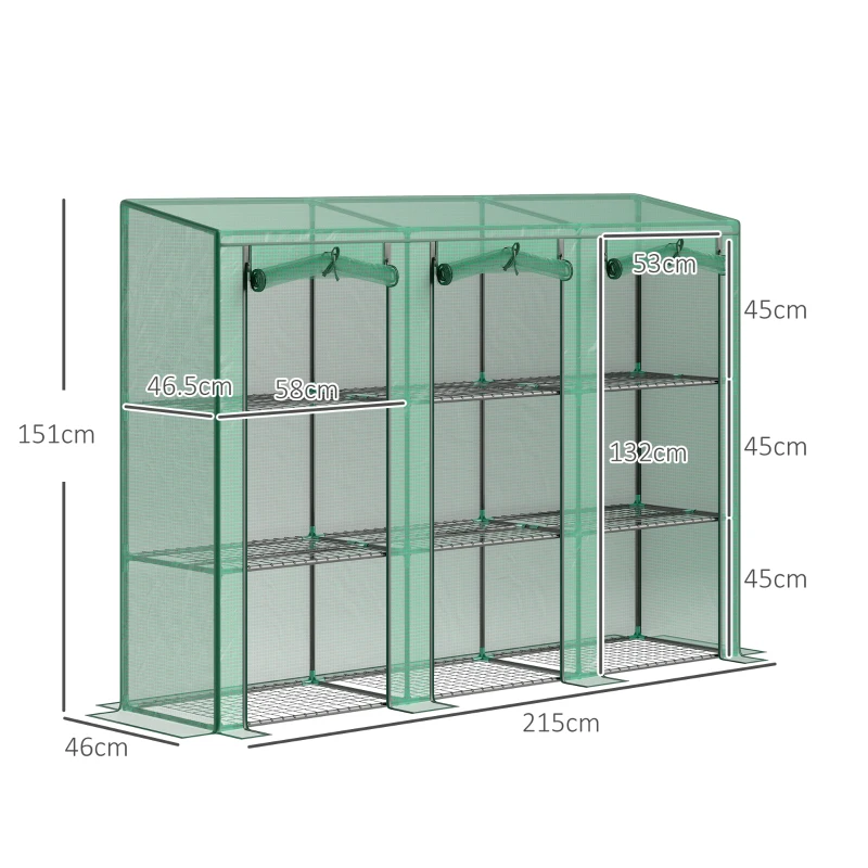 Outsunny Invernadero de Exterior de 3 Niveles con Puerta Enrollable con Cremallera 9 Estantes Cubierta de PE 215x46x151cm Verde
