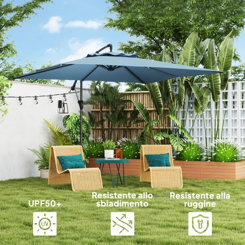 Outsunny Ombrellone Decentrato con Base e Croce, Prese d'Aria e Manovella, in Metallo e Poliestere, 3x3.25 m, Blu