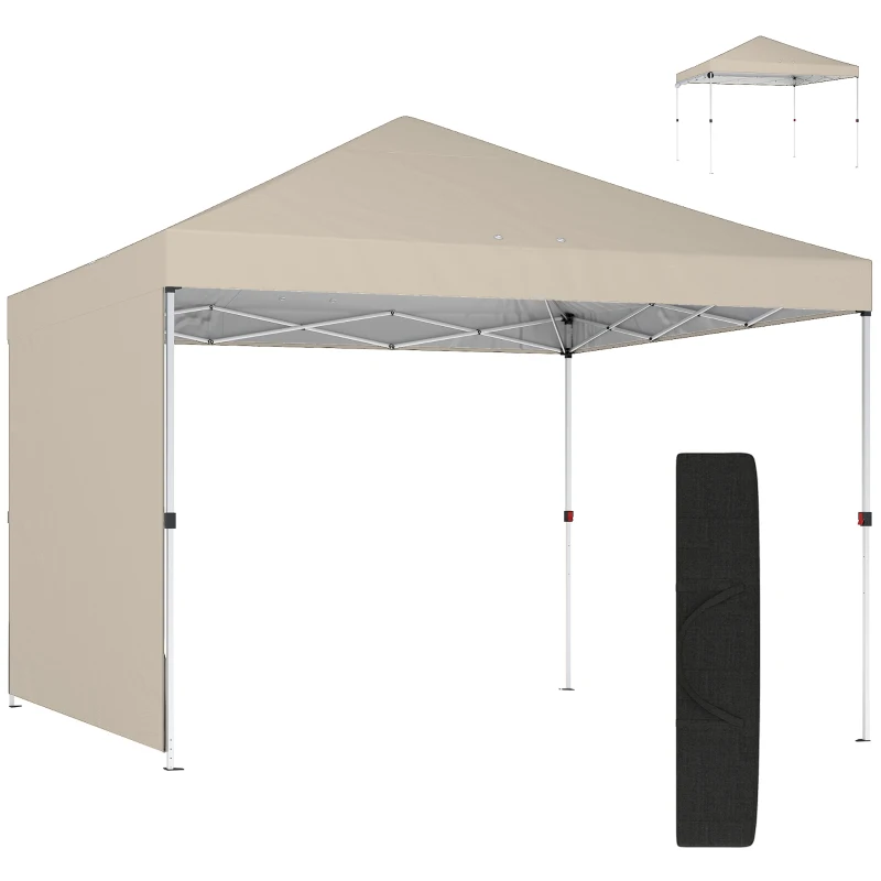 Pavilion pliabil Outsunny Pop-Up 3x3 m cu perete lateral, din metal și țesătură Oxford, bej