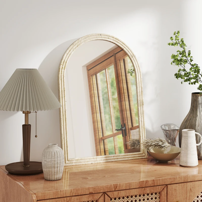 HOMCOM Specchio da Parete ad Arco con Bordo Scanalato e Ganci, in Vetro e Polistirene, 60x2x90 cm, Beige
