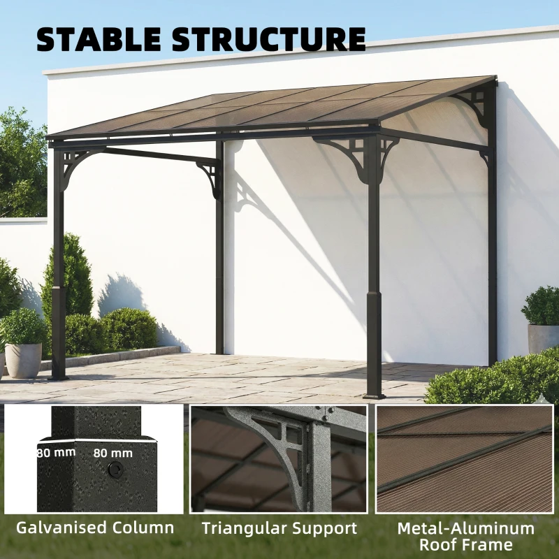 Outsunny 3 x 2.87 m Metal Lean-to Pergola, Wall-Mounted Hardtop Garden Pergola with Polycarbonate Roof and Metal-Aluminium Frame
