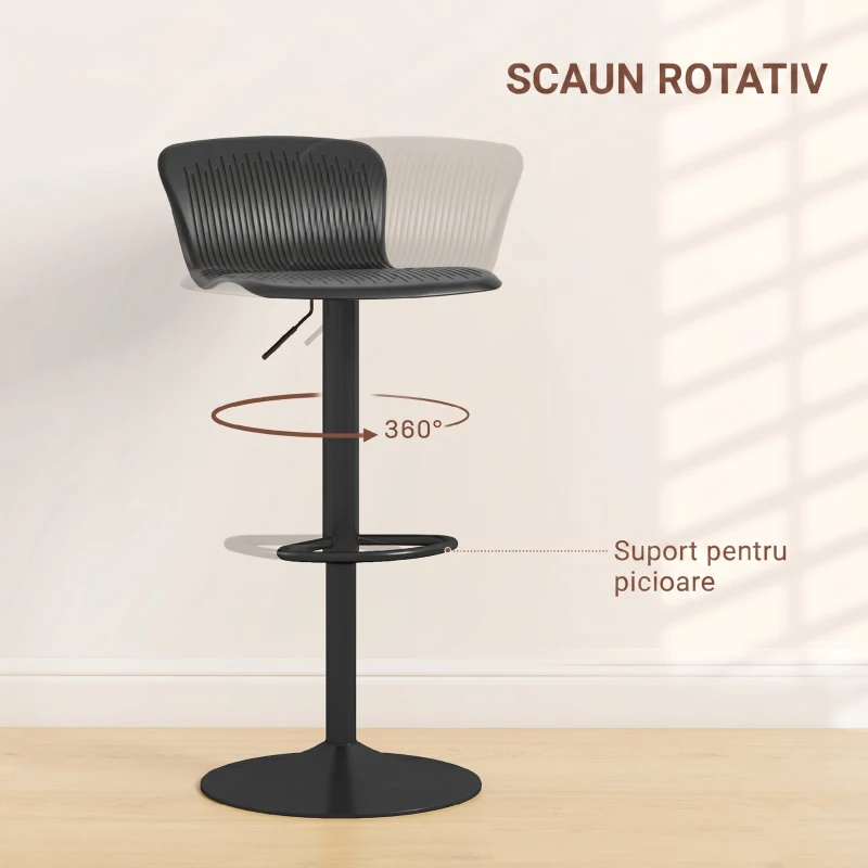 HOMCOM Set 2 scaune de bar cu spătar, rotative și cu înălțime reglabilă, polipropilenă, negru