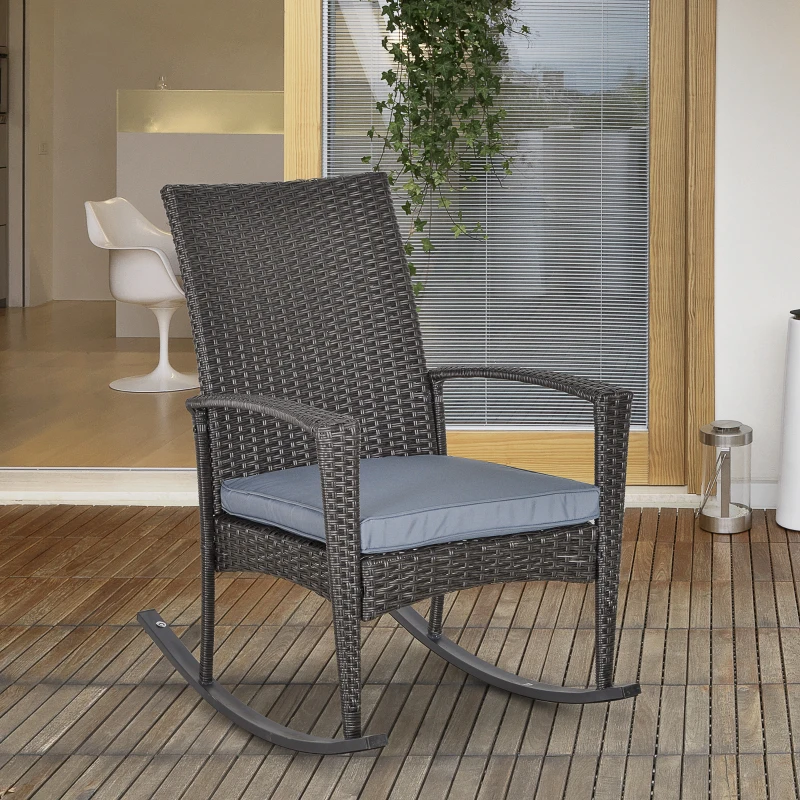 Outsunny Fauteuil à bascule rocking chair avec coussin d'assise déhoussable 66L x 88l x 98H cm résine tressée imitation rotin gris