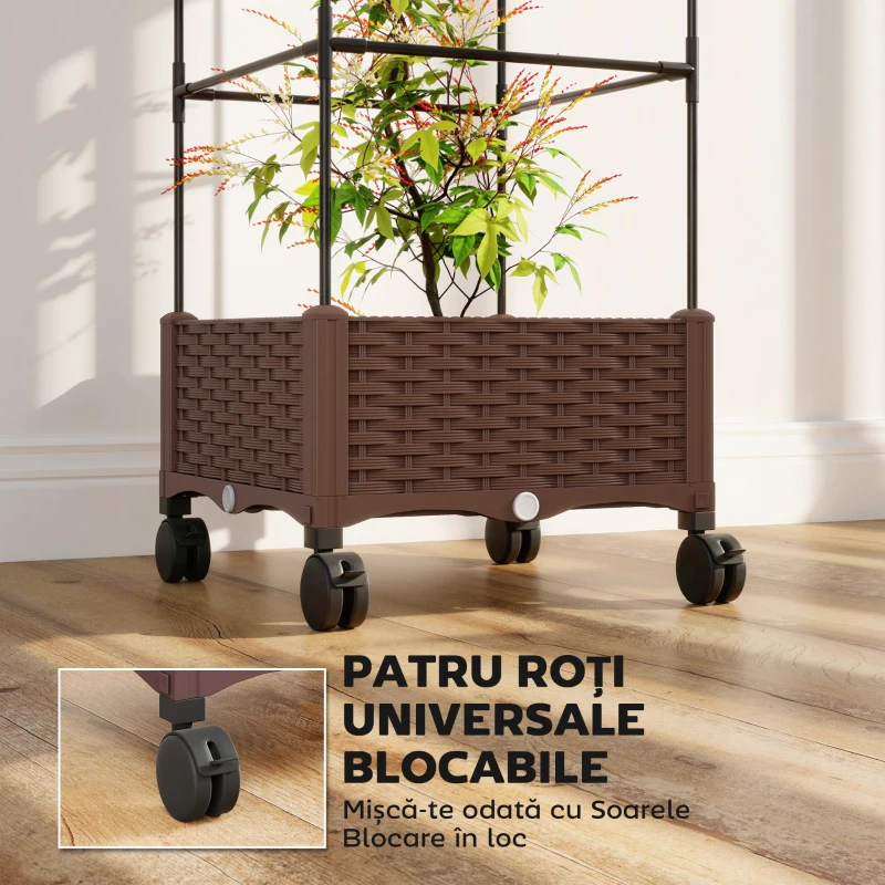 Outsunny Jardinieră Înălțată cu Spalier 20L, Roți Blocabile și Sistem de Autoirigare, Maro