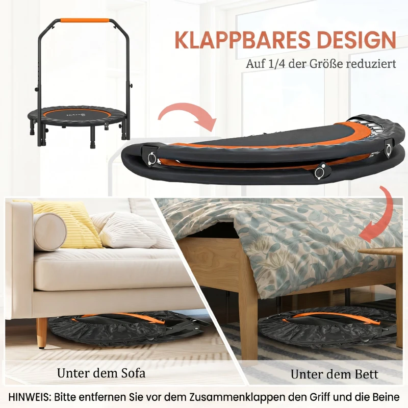 HOMCOM Fitnesstrampolin, klappbar, verstellbarer Haltegriff, Ø102 x 123H cm, bis 150 kg, Schwarz