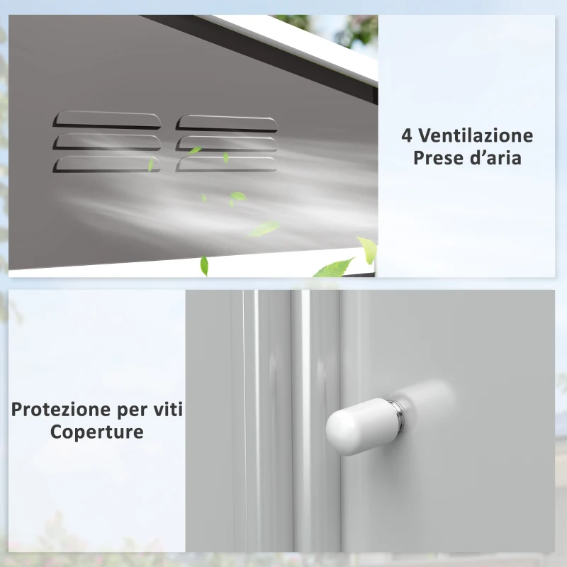 Outsunny Casetta da Giardino 2.3x1.7 m in Acciaio con Prese d'Aria e Doppia Porta Scorrevole, Effetto Legno