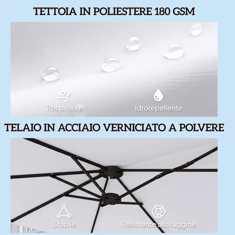 Outsunny Ombrellone Doppio a 12 Stecche con Manovella, in Metallo e Poliestere, 4.6x2.7 m, Bianco
