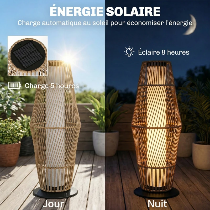 Outsunny Lanterne Solaire Extérieure en Résine Tressée avec Capteur de Lumière, pour Jardin Patio, 26x26x68cm, Sable