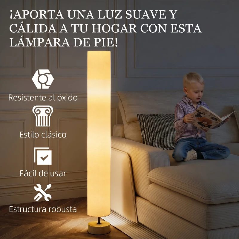 HOMCOM Lámpara de Pie Lámpara de Salón con Casquillo Máx. 40 W E27 Pantalla de Lino y Marco de Metal Ø15x120 cm Beige