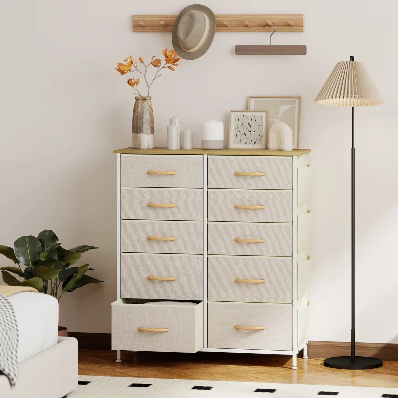 HOMCOM Chest of Ten Fabric Drawers - Beige