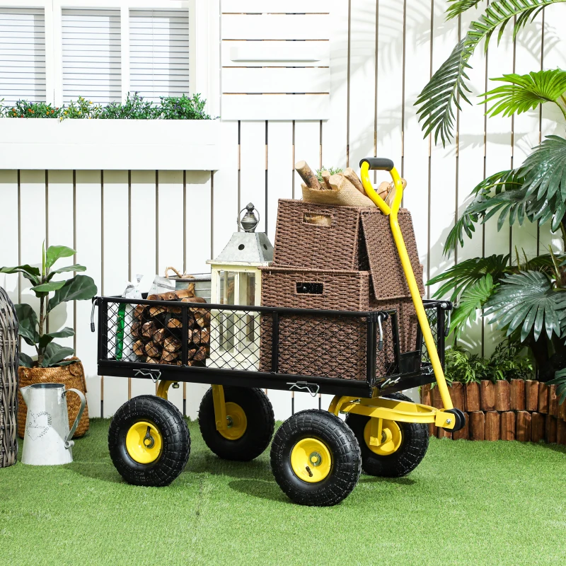 Outsunny Carrello da Giardino in Acciaio con Capacità 200 kg e Pareti Laterali Rimovibili, 104x54x51 cm, Nero e Giallo