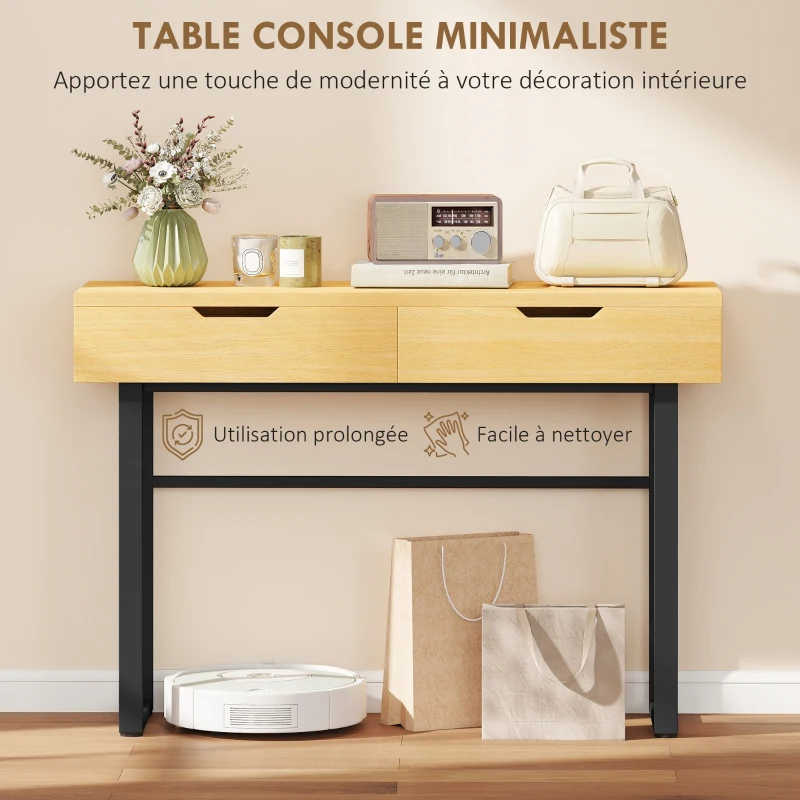 HOMCOM Console meuble 110 cm, table console étroite avec 2 tiroirs, cadre en métal et design sans poignées, bois naturel