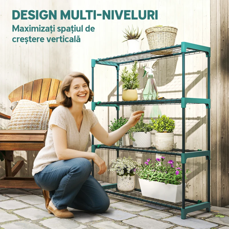 Outsunny Set de 2 rafturi pentru plante cu 4 niveluri din oțel cu cârlige, 90x28x104 cm, verde