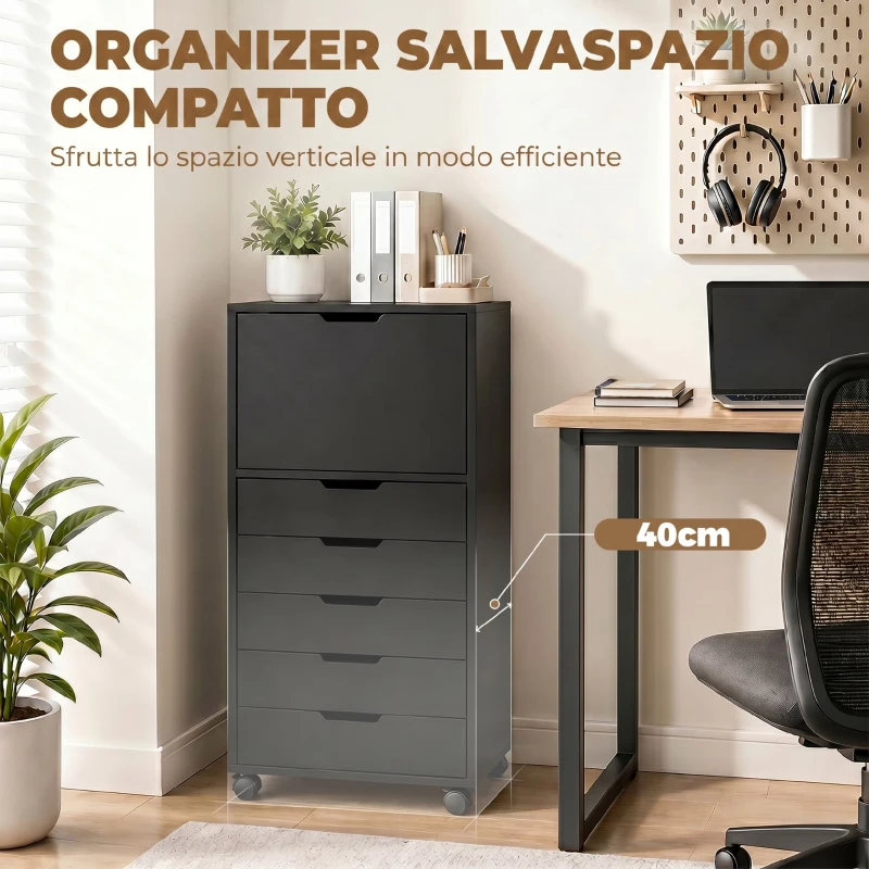 HOMCOM Mobile Archivio Stampante con 5 Cassetti e Ruote, Nero