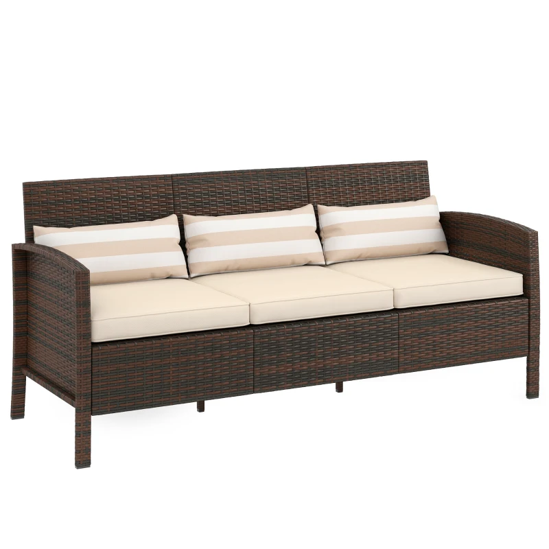 Outsunny Rattan Sofa mit Kissen, Dreisitzer, Garten Loungesofa, Stahl, Braun, 173 x 68 x 78 cm