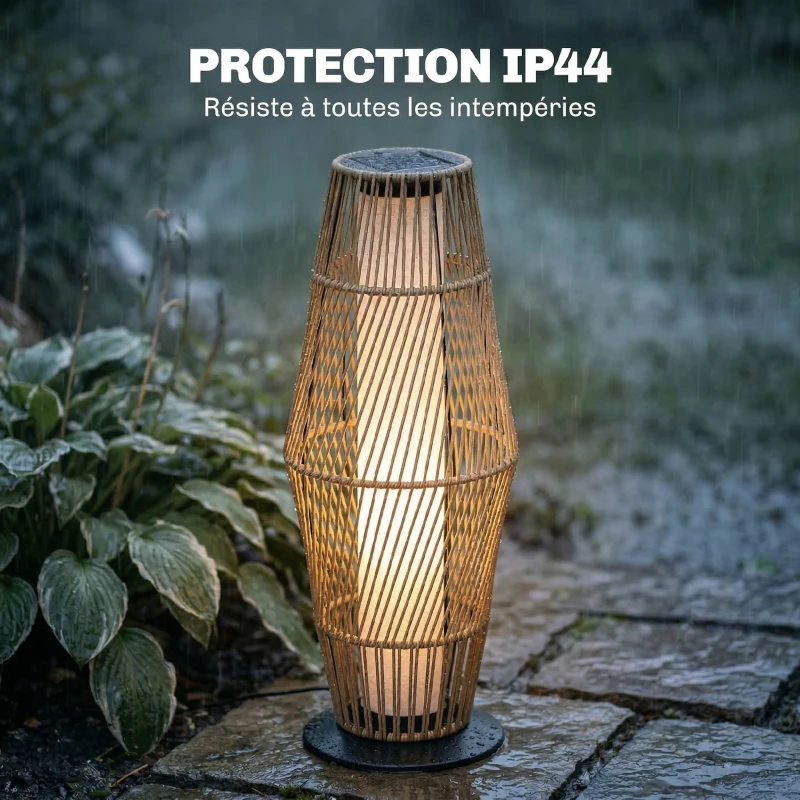Outsunny Lanterne Solaire Extérieure en Résine Tressée avec Capteur de Lumière, pour Jardin Patio, 26x26x68cm, Sable