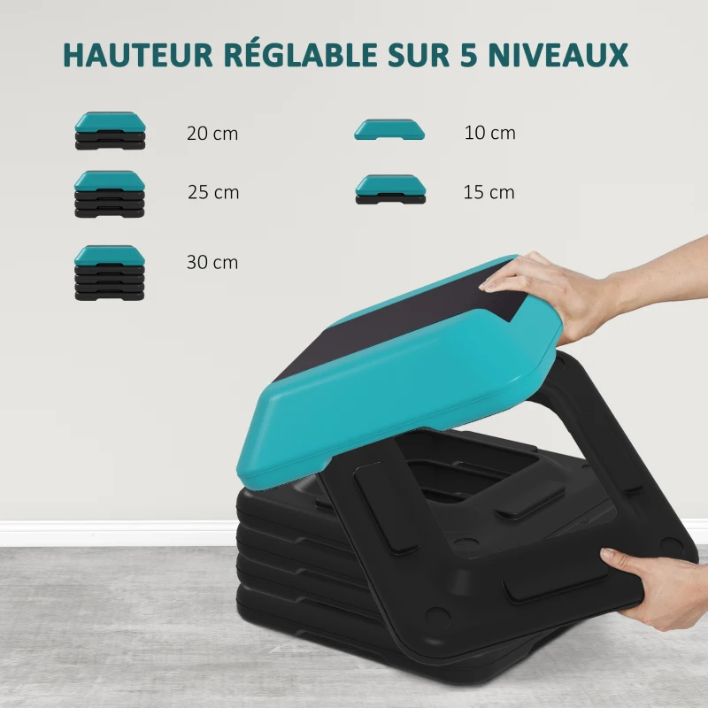 SPORTNOW Aerobic stepper marche d'exercice avec 5 hauteur réglable de 10/15/20/25/30 cm charge 150 kg pour maison gym bleu