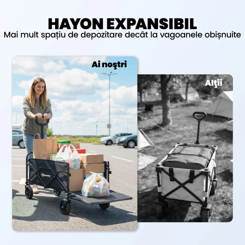 Outsunny Cărucior de Grădină 72L Pliabil cu Mâner Reglabil, din Oțel și Material Oxford, 114x46x92 cm, Negru
