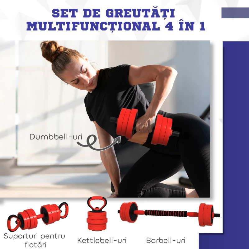 SPORTNOW Set Greutăți pentru Sală 4 în 1 de 30 kg, Convertibil în Kettlebell, 2 Gantere, Halteră și Suport pentru Flotări, Roșu