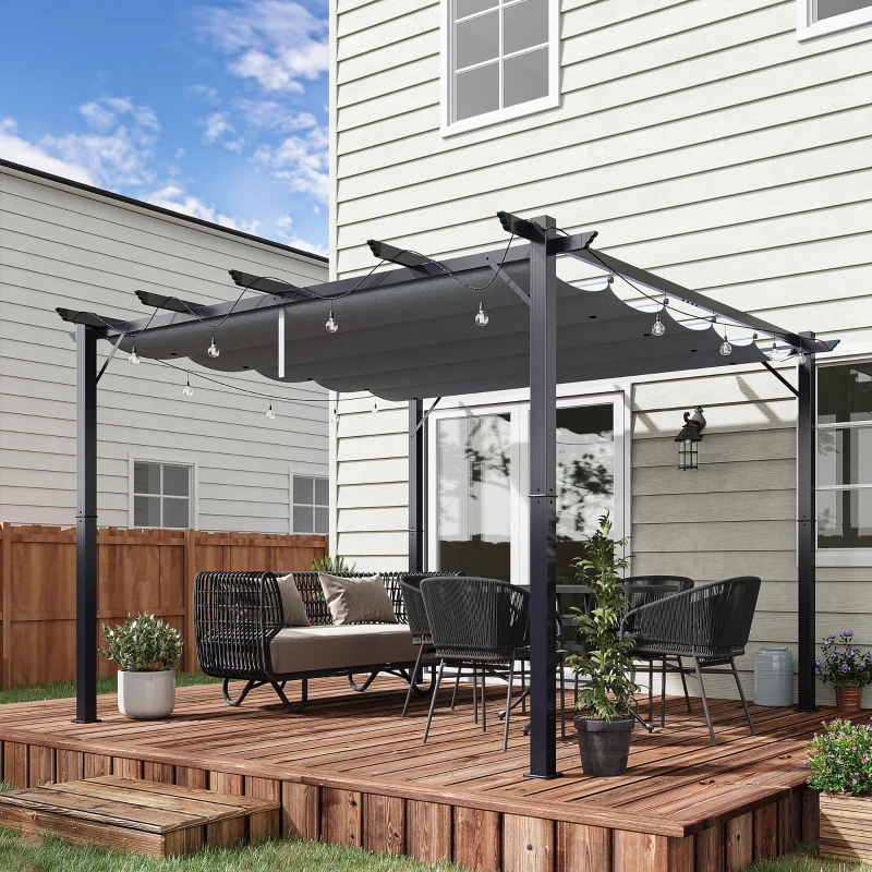 Outsunny Pérgola de Jardín 3x3 m con Techo Retráctil Protección UPF30+ Drenaje Marco de Aluminio para Patio Exterior Gris Oscuro