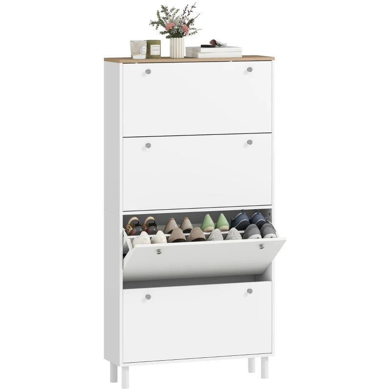 HOMCOM Dulap pentru Pantofi 32 Perechi cu 4 Sertare Rabatabile, Rafturi Reglabile, Modern, 80 x 23,5 x 157 cm, Alb