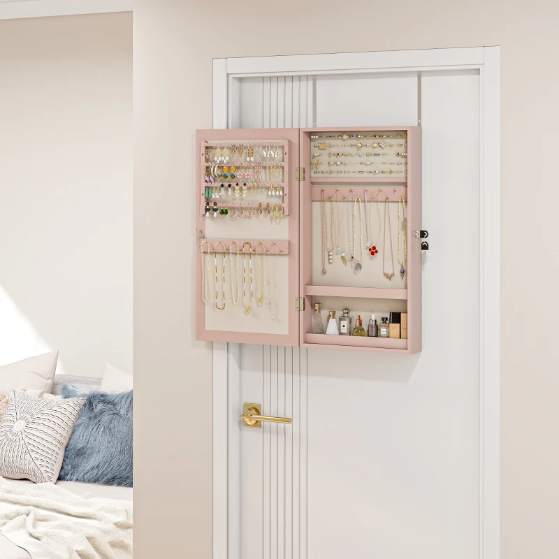 HOMCOM Espejo Joyero de Pared con Cerradura y Varios Compartimentos Montar en Pared o Puerta Rosa y Forro Beige
