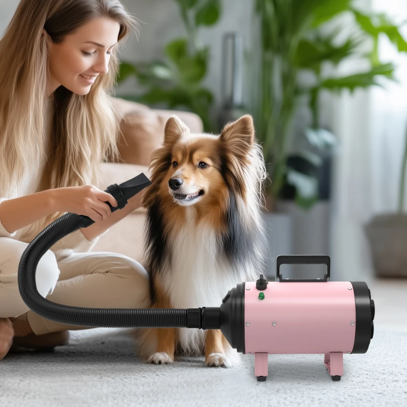 PawHut 2200W Dog Hair Dryer with Adjustable Temperature & Velocity, 3 Different Nozzles, Pink