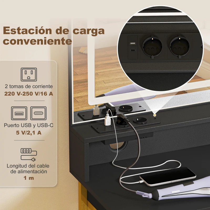 HOMCOM Tocador de Maquillaje con Espejo Luces LED Estación de Carga Taburete Estación de Carga 4 Cajones Negro