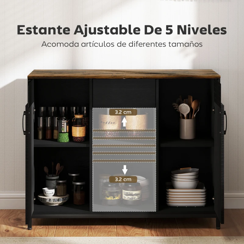 HOMCOM Aparador de 2 Puertas con Orificios 2 Compartimentos y Cajón Estantes Ajustables 100x40x80 cm Negro